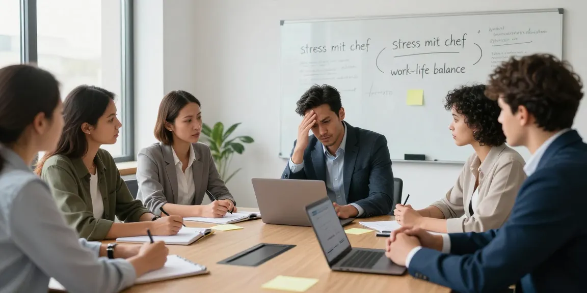 Diskussion über Stress mit Chef in einem modernen Büro, Mitarbeiter bieten Unterstützung und Strategien an.
