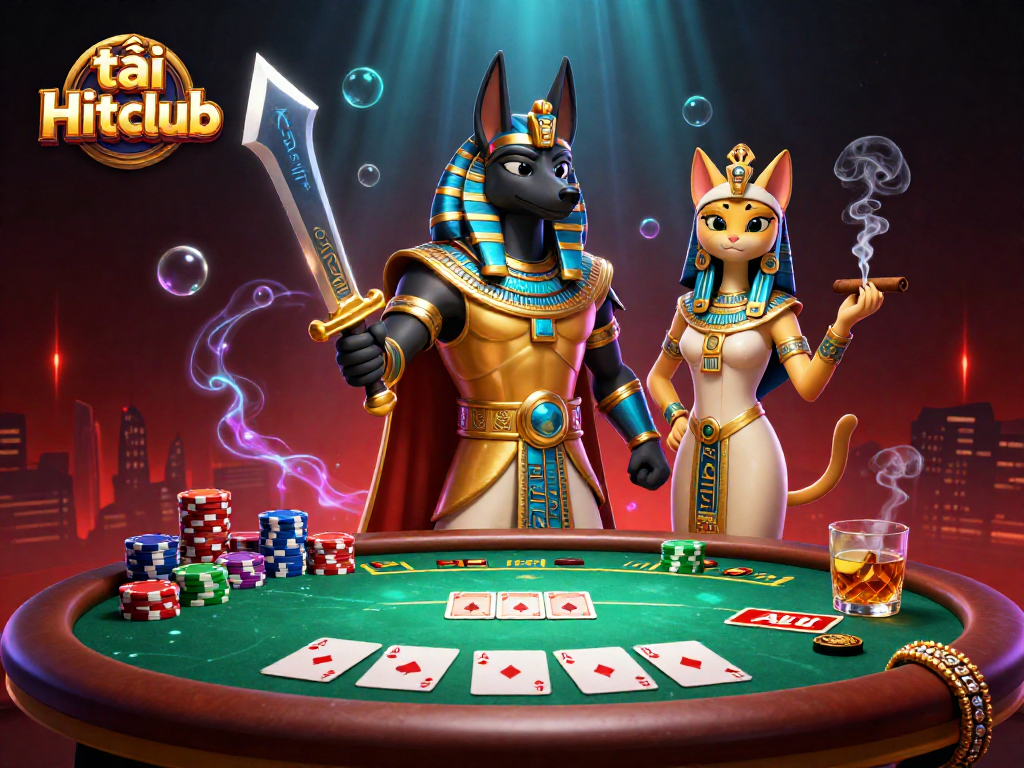 Play poker with Anubis and Bastet in this dynamic illustration featuring tải Hitclub gaming elements.