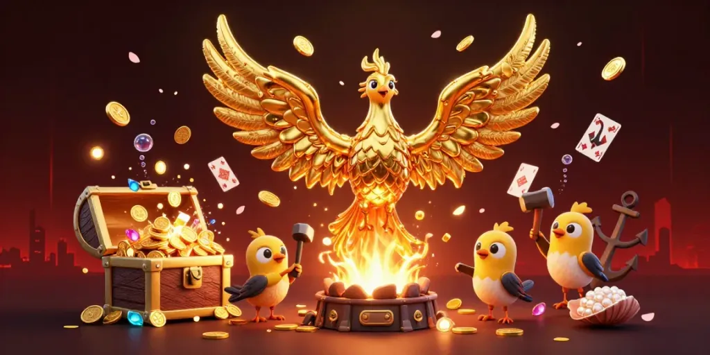 Experience thrilling adventures at sonclub with a vibrant 3D phoenix amid treasures!
