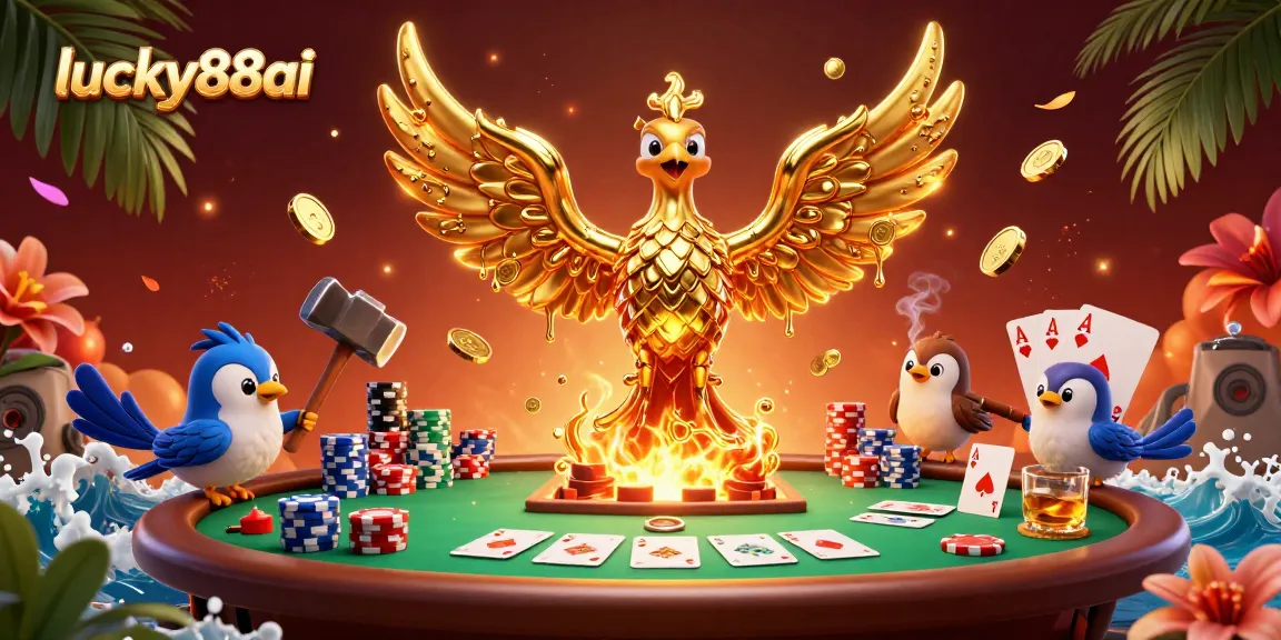 Experience exciting gameplay with lucky88ai in a vibrant 3D casino scene featuring golden phoenix and poker elements.