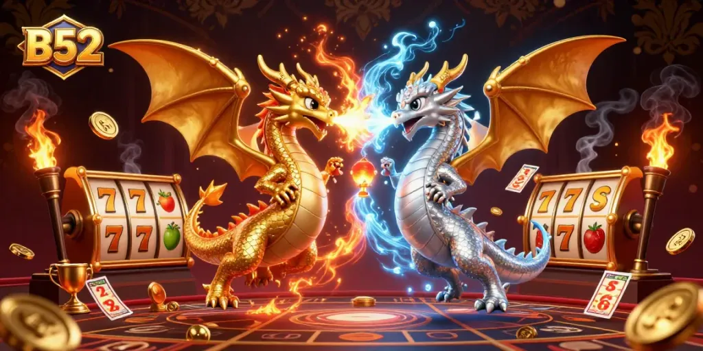 Engage with B52 gaming through a dynamic illustration featuring dragons and casino elements.