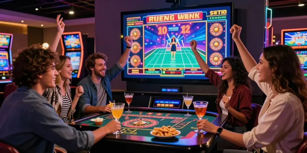 Casinos, die mit itsme kompatibel sind: Freunde feiern einen großen Gewinn in einem Online-Casino mit bunten Lichtern und Cocktails.