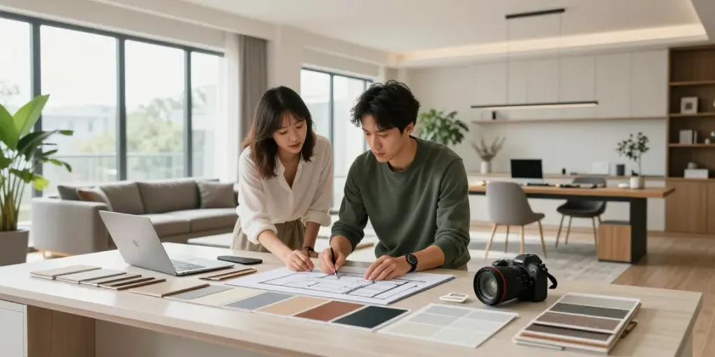 Innenausbau Augsburg - Professioneller Innenausbau und Raumgestaltung in modernem Wohnzimmer mit Designer.