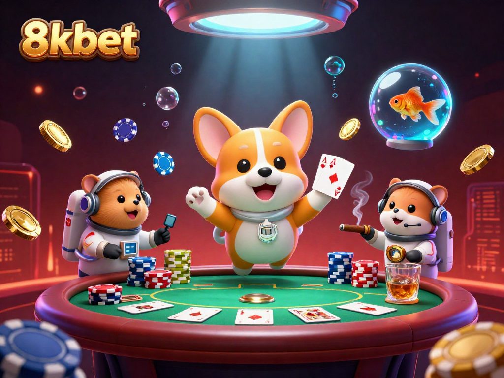 Experience immersive gaming at 8xbet with a thrilling casino scene featuring a floating corgi and vibrant poker elements.