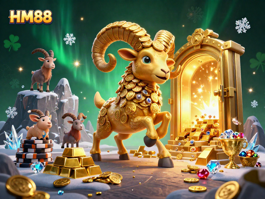 Experience exciting gameplay with HM88 featuring a charging golden ram and vibrant treasure elements.
