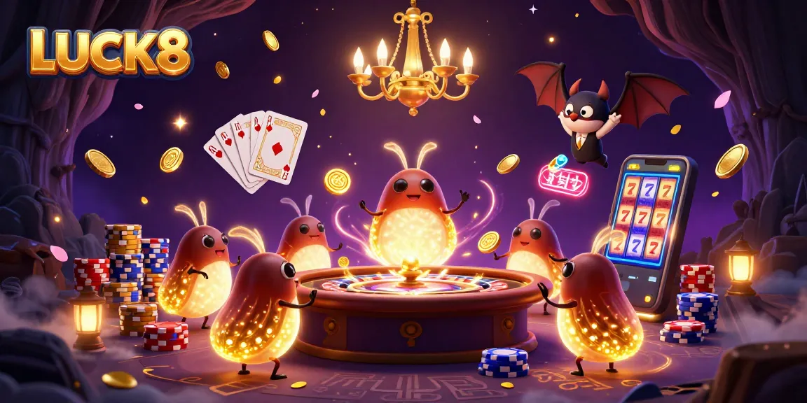 LUCK8 illuminates a vibrant casino scene with glowing glowworms, coins, and classic gaming elements.