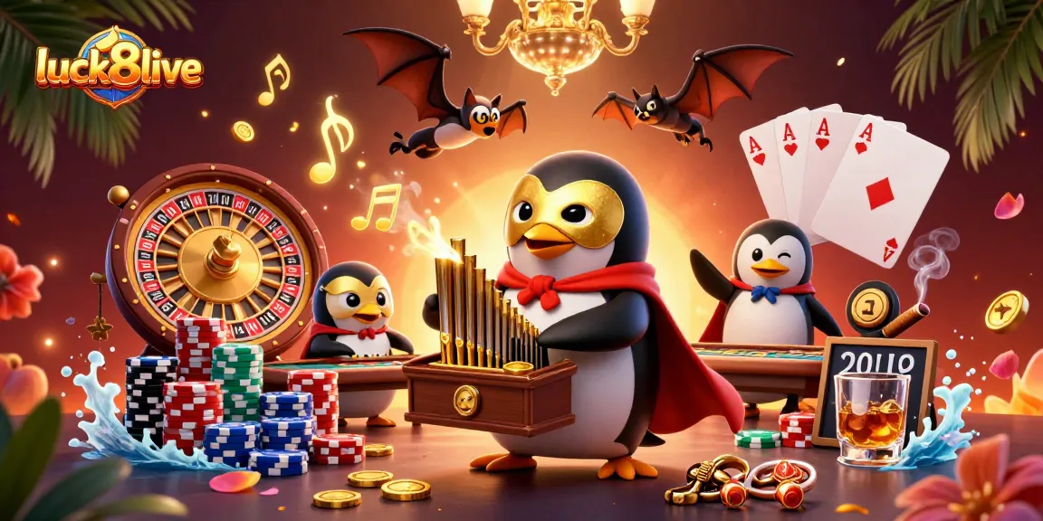 Experience thrilling gambling action with luck8live as a cartoon penguin plays an organ, surrounded by casino elements.