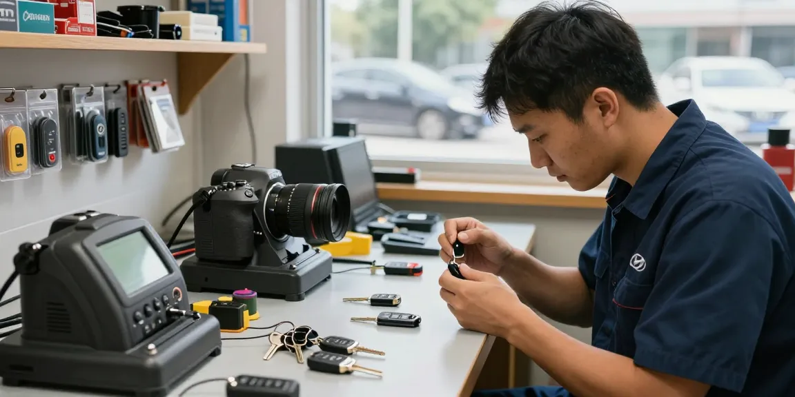Schlüssel für Auto: Professioneller Schlüsseldienst bei der Reparatur eines Autoschlüssels in einer hellen Werkstatt.