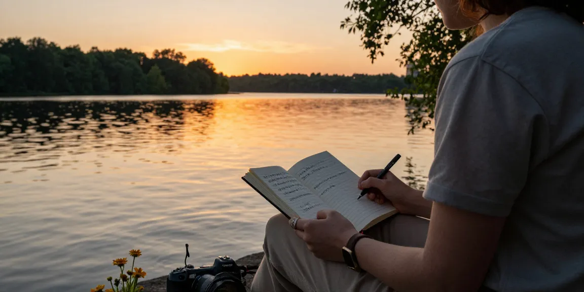 Person am See bei Sonnenuntergang, reflektierend über Sprüche zum Nachdenken im Journal.