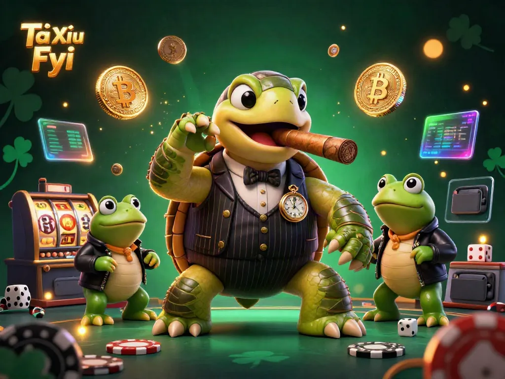 Tài Xỉu Fyi illustration featuring a snapping turtle in a mobster suit with casino elements.