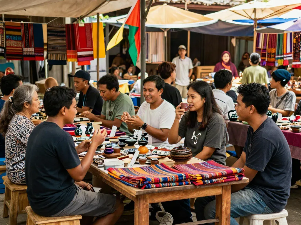 People supporting rokok 88 by engaging with local Indonesian products in a vibrant marketplace.
