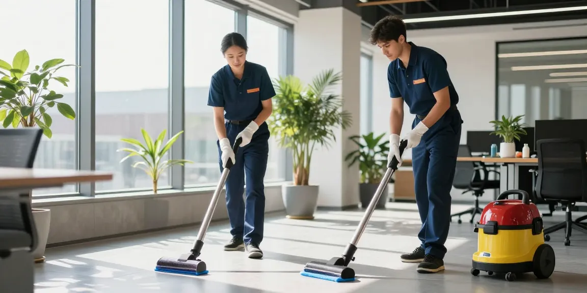 Professionelle Gebäudereinigung Düsseldorf mit einem Team, das moderne Büros umweltfreundlich reinigt.