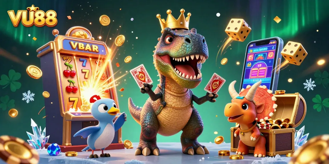 Experience the excitement of VU88 with friendly dinosaur characters, dynamic casino elements exploding with joy.