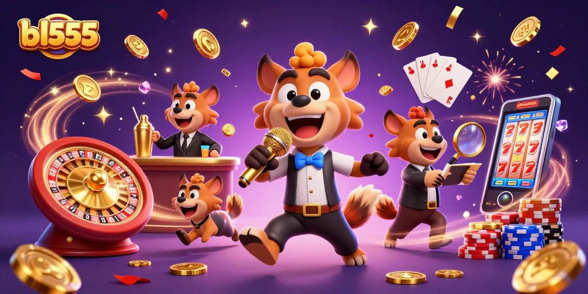 Join the fun at bl555's comedy casino club, featuring lively hyenas, golden coins, and exciting games.