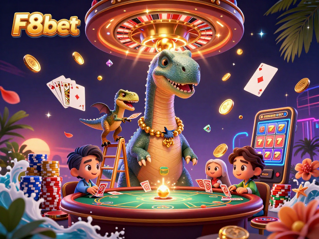 Experience thrilling bets with F8bet in a vibrant casino scene featuring imaginative characters.