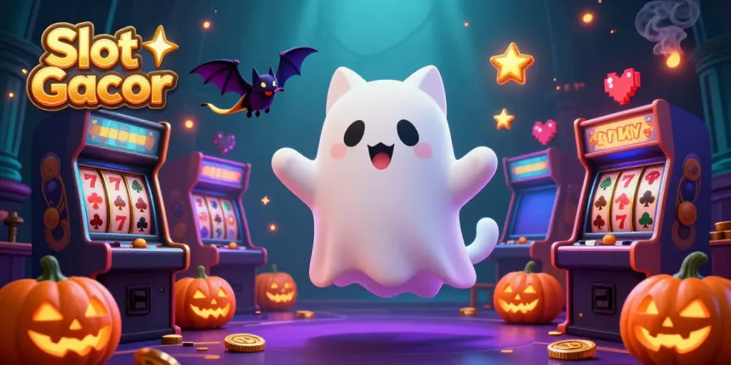 Experience Slot Gacor gaming with a friendly ghost cat and spooky elements in a haunted casino.