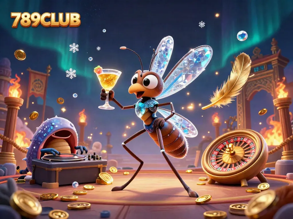 Immerse in 789CLUB's vibrant casino scene featuring a frozen mosquito mascot, trilobite DJ, and golden roulette wheel.