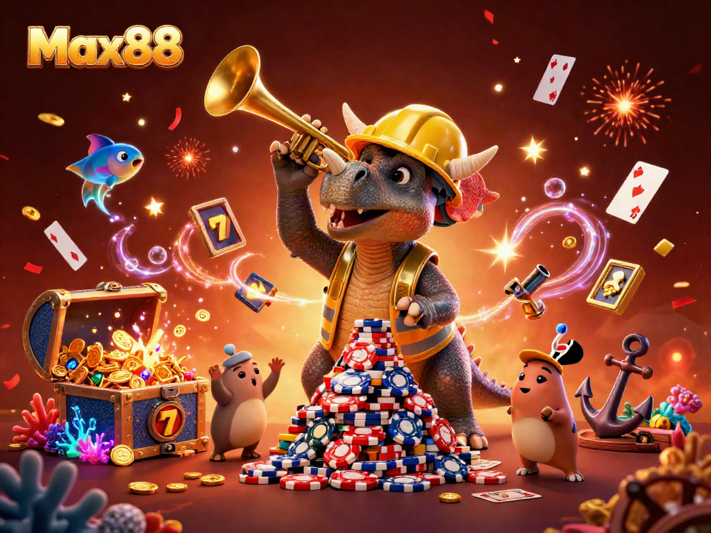 Experience the excitement of Max88 with a playful 3D scene of a triceratops, celebrating with poker chips and gaming elements.
