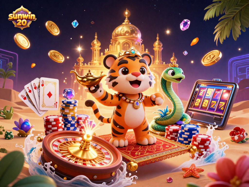 Experience excitement at sunwin 20 with a vibrant 3D casino scene featuring a colorful tiger sultan and magical elements.