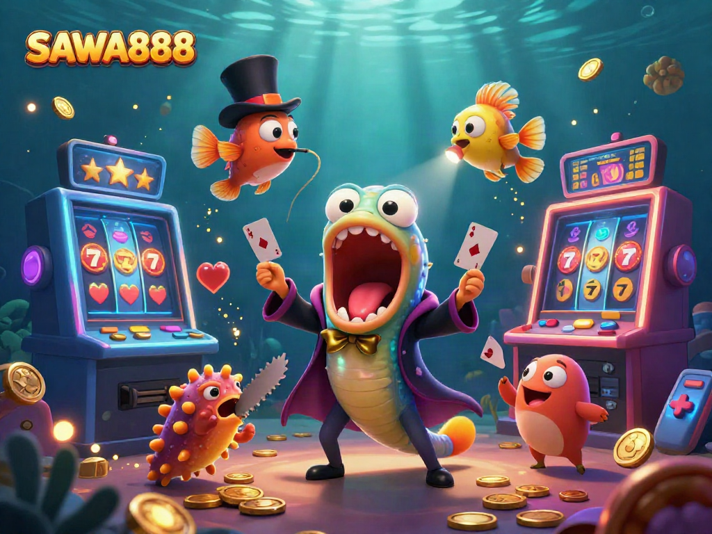SAWA888 bioluminescent eel performing card tricks with casino slot elements.