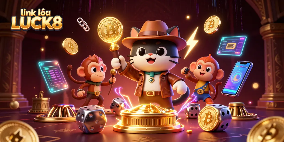 Engage in thrilling adventures with link vào LUCK8 in a vibrant casino world, showcasing crypto artifacts.