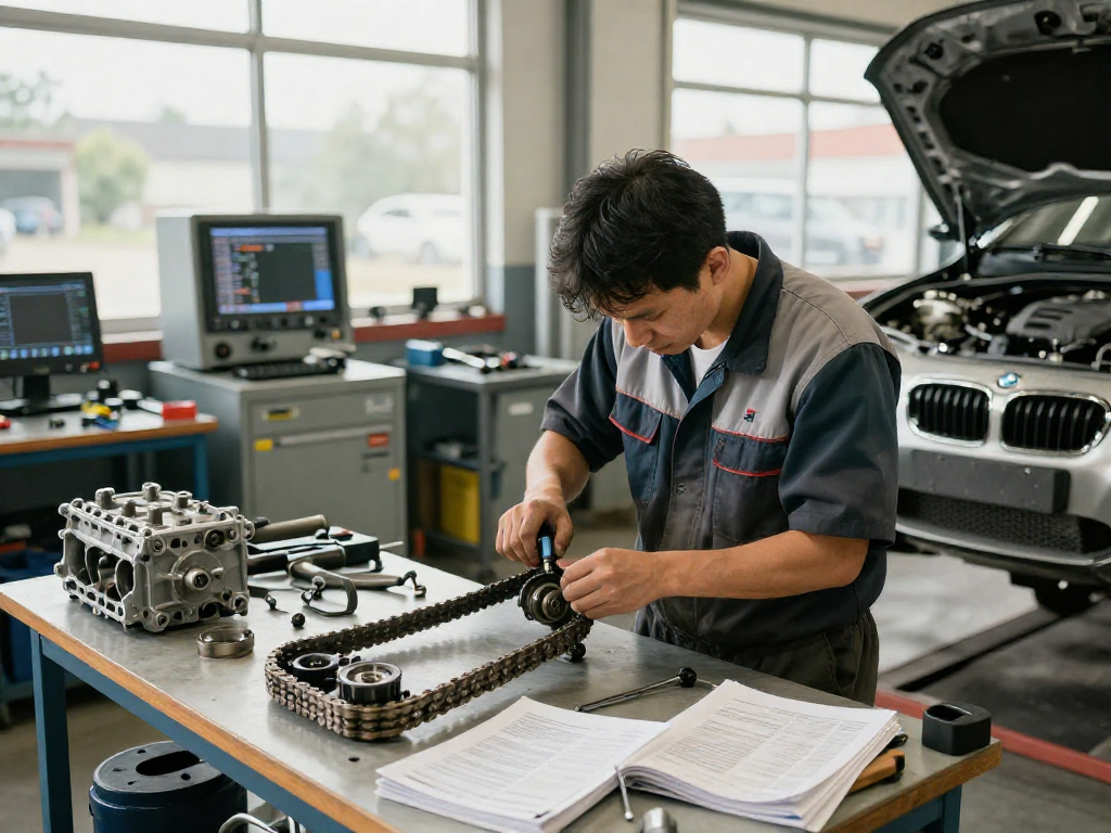 Professionelle Inspektion der BMW Steuerkette wechseln in einer Kfz-Werkstatt.