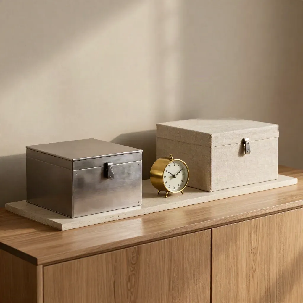 Geteilte Vorsorge- und Liquiditätsboxen auf modernem Sideboard mit kleiner Uhr.