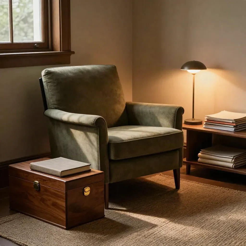 Ruhige Leseecke mit Sessel, Ordnerbox und Stehlampe im warmen Abendlicht