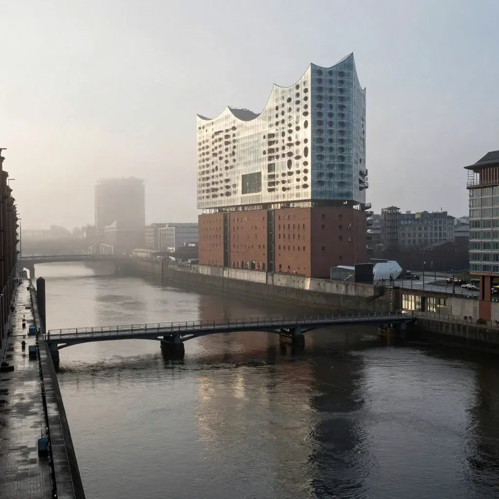 Elbphilharmonie und Speicherstadt-Kanäle im Morgennebel über ruhigem Wasser.
