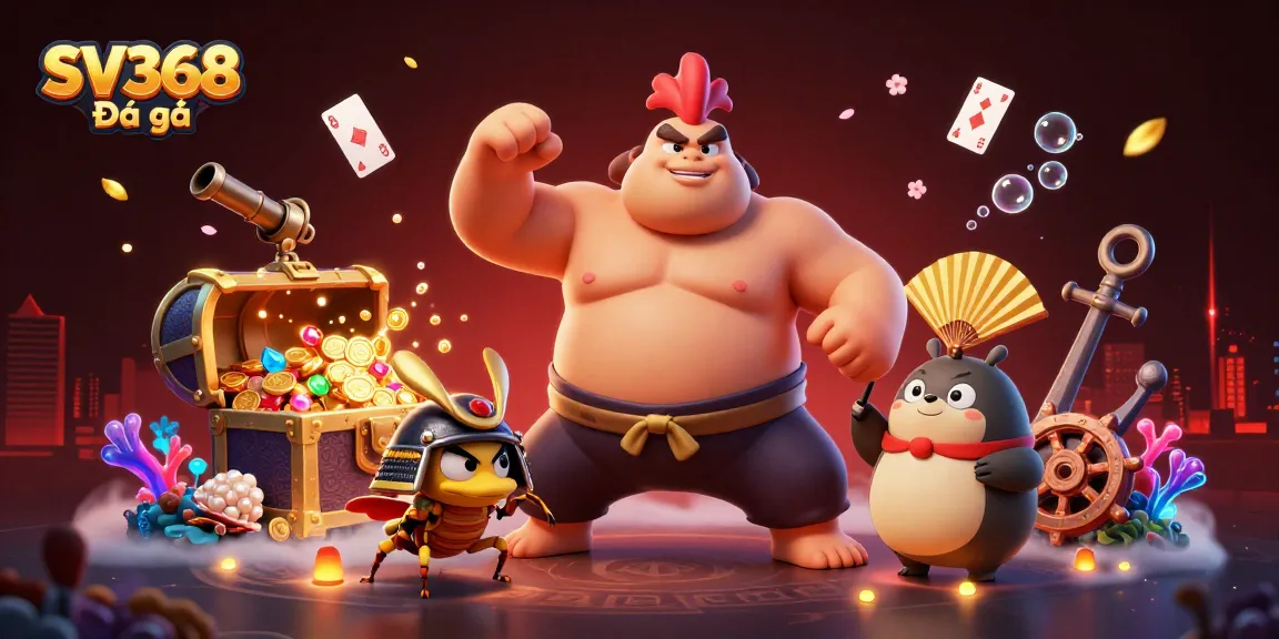 Experience the excitement of SV368 Đá gà with a dynamic scene of a sumo rooster and samurai cricket.