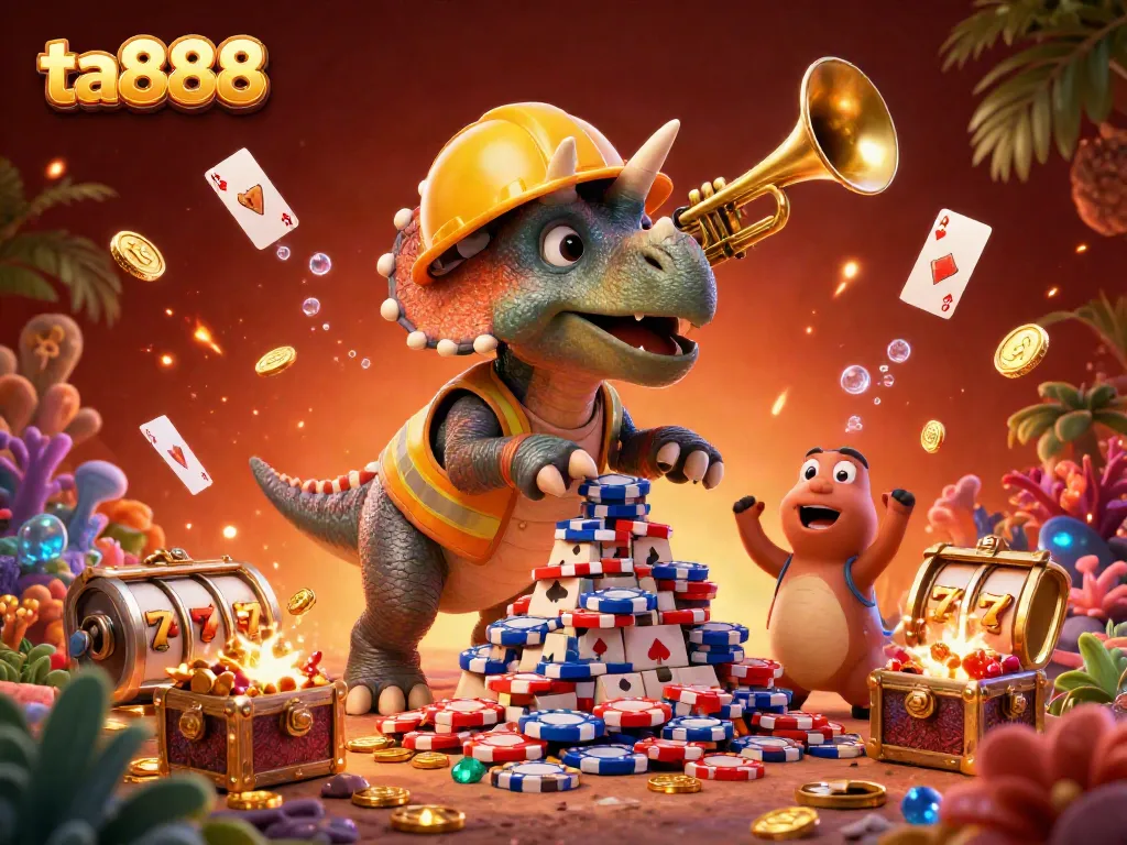 Join the lively celebration at ta888, where a triceratops builds a poker chip pyramid amidst colorful casino adventures.