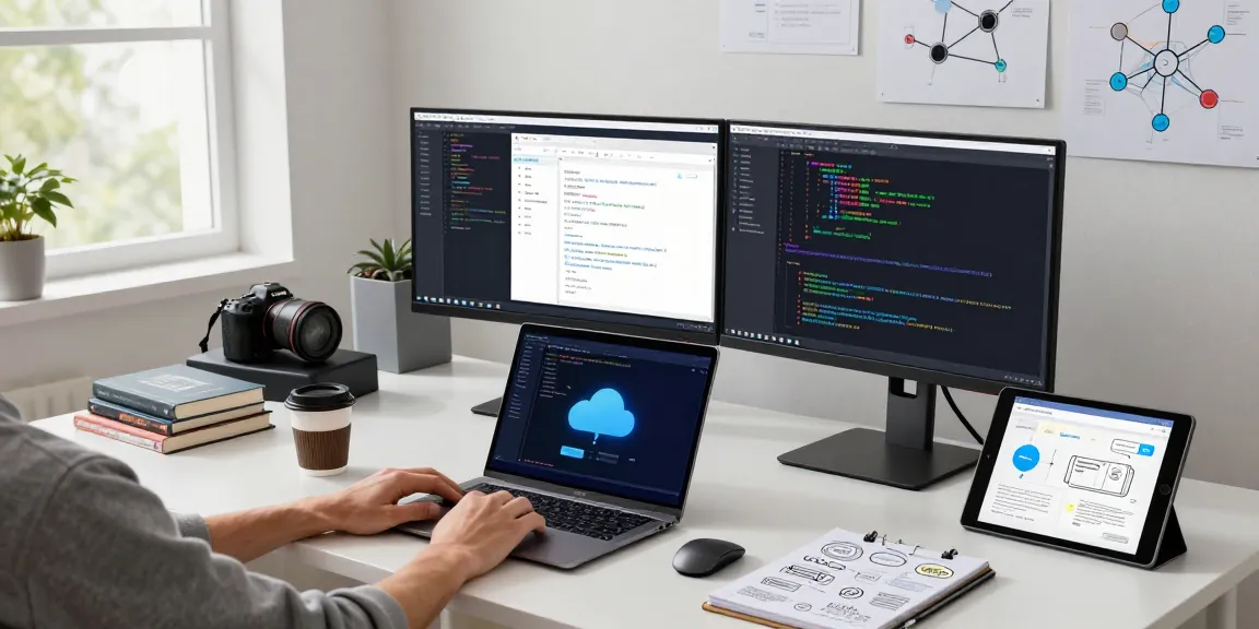 Building internal tools with AI in a modern tech workspace with monitors, coding materials, and brainstorming notes.