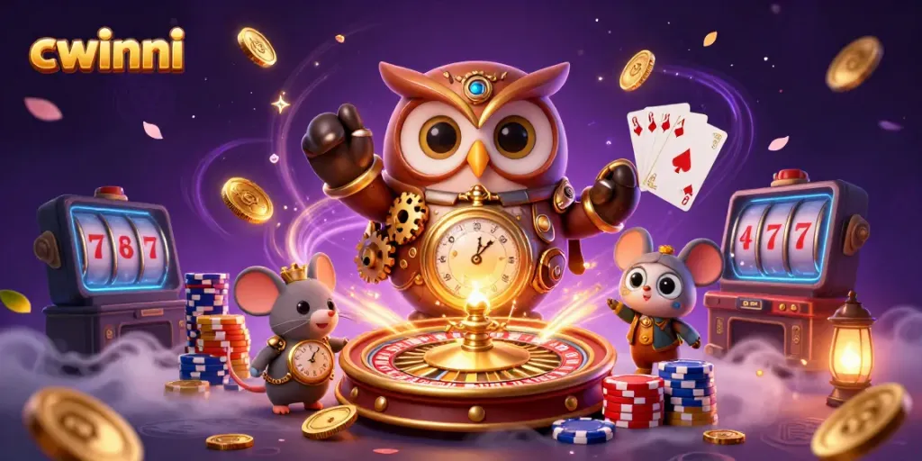 Cwinni offers an exciting experience with animated characters and casino elements amidst a vibrant backdrop.