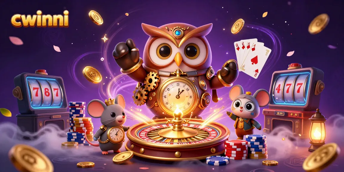 Cwinni offers an exciting experience with animated characters and casino elements amidst a vibrant backdrop.