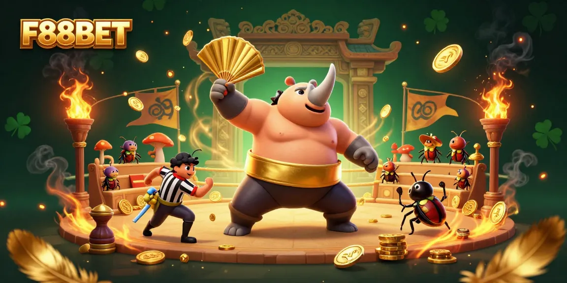 F88BET offers thrilling casino action with a cartoon beetle champion winning amidst flying coins and vibrant game elements.