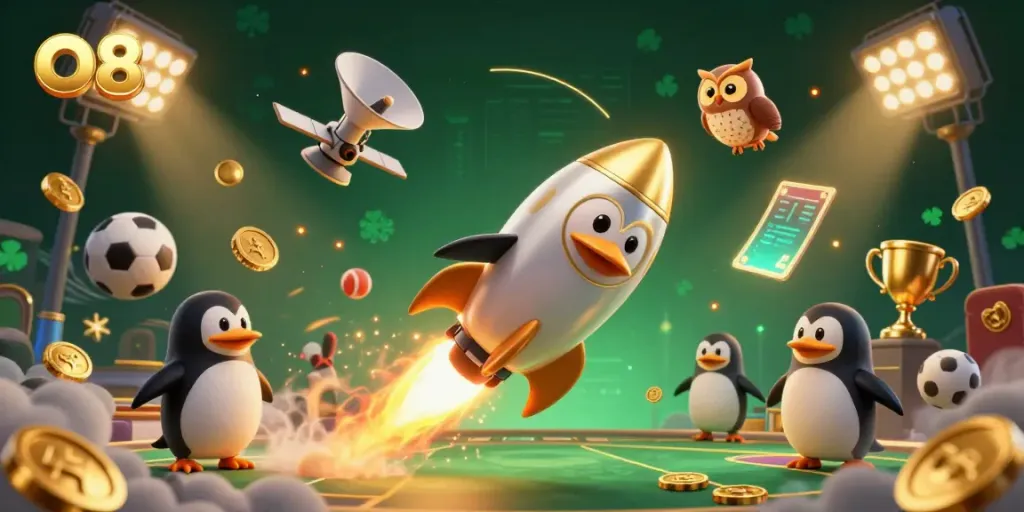 O8 penguin rockets toward a giant poker chip casino amidst gold coins, showcasing dynamic sports elements.