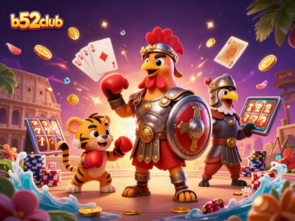 Engage in the thrilling b52club experience with a colorful 3D casino illustration highlighting action-packed gaming elements.