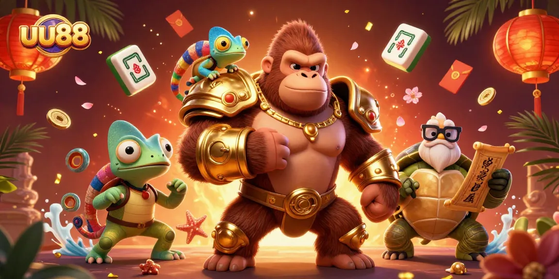 Experience thrilling gaming at uu88 with a gorilla in armor, vibrant colors, and various casino elements.