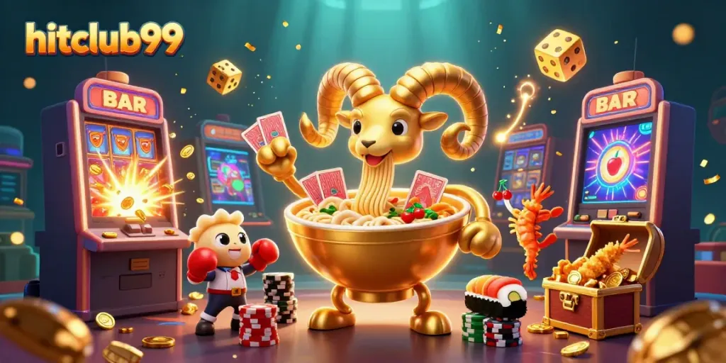 Hitclub99 showcases excitement with a vibrant casino scene featuring cheerful characters, jackpot symbols, and game elements.