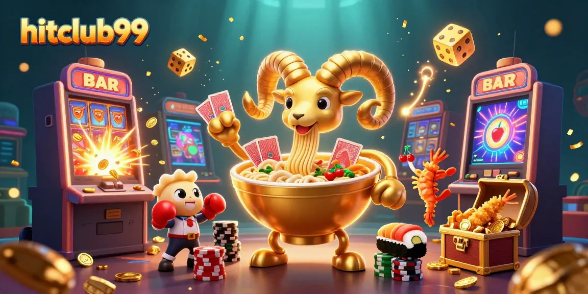 Hitclub99 showcases excitement with a vibrant casino scene featuring cheerful characters, jackpot symbols, and game elements.