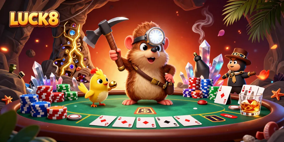 Engage with LUCK8's vibrant casino world featuring treasure hunter characters and poker game elements.