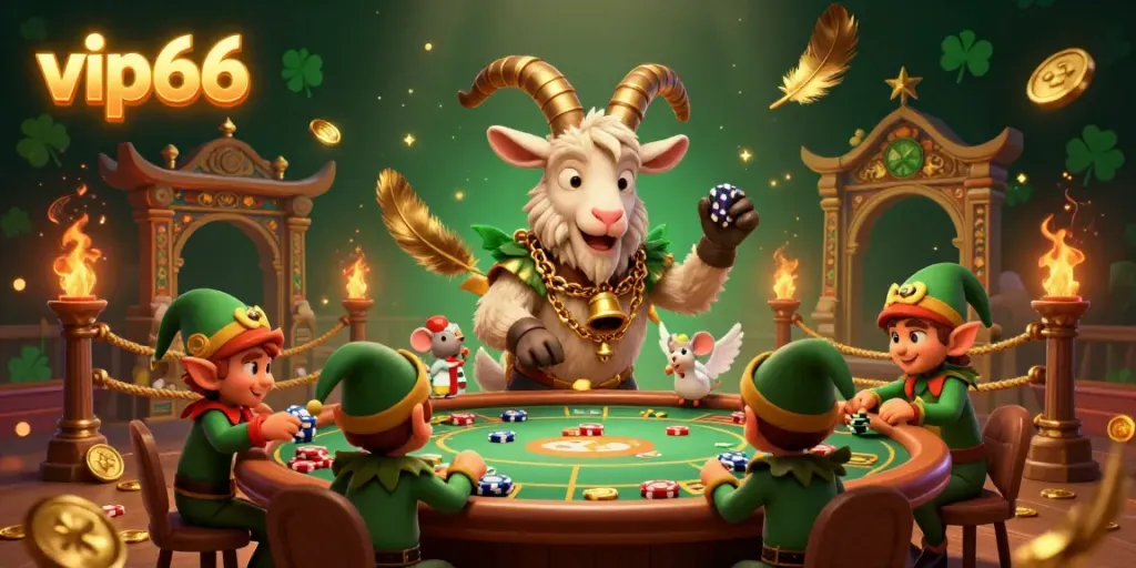 Experience the excitement of the vip66 casino with festive characters and vibrant gaming elements showcased in this lively 3D scene.