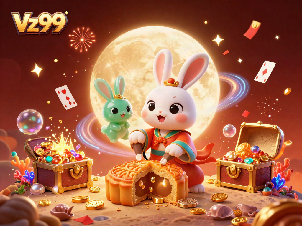 Vz99 platform showcasing gamified experiences with vibrant illustrations of a moon rabbit and casino elements.