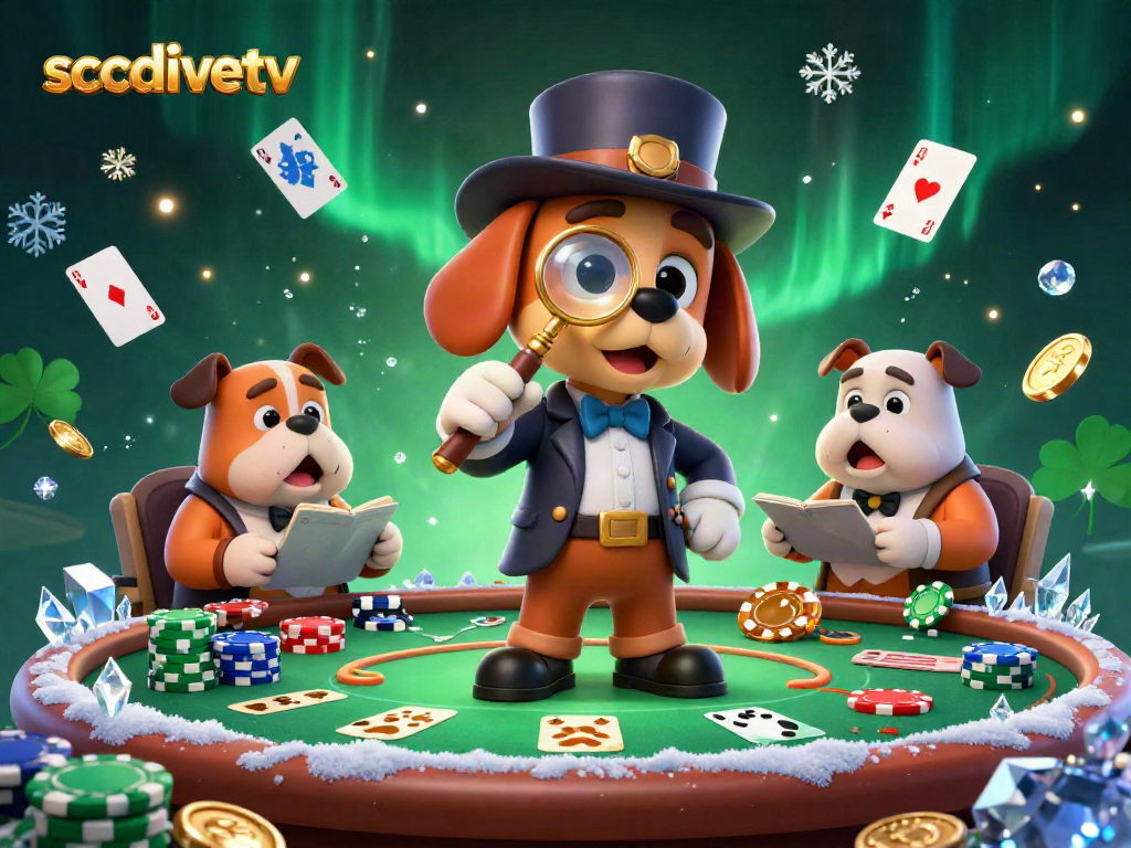 Experience thrilling poker action with socolivetv as a detective investigates a golden chip clue surrounded by cards and chips.