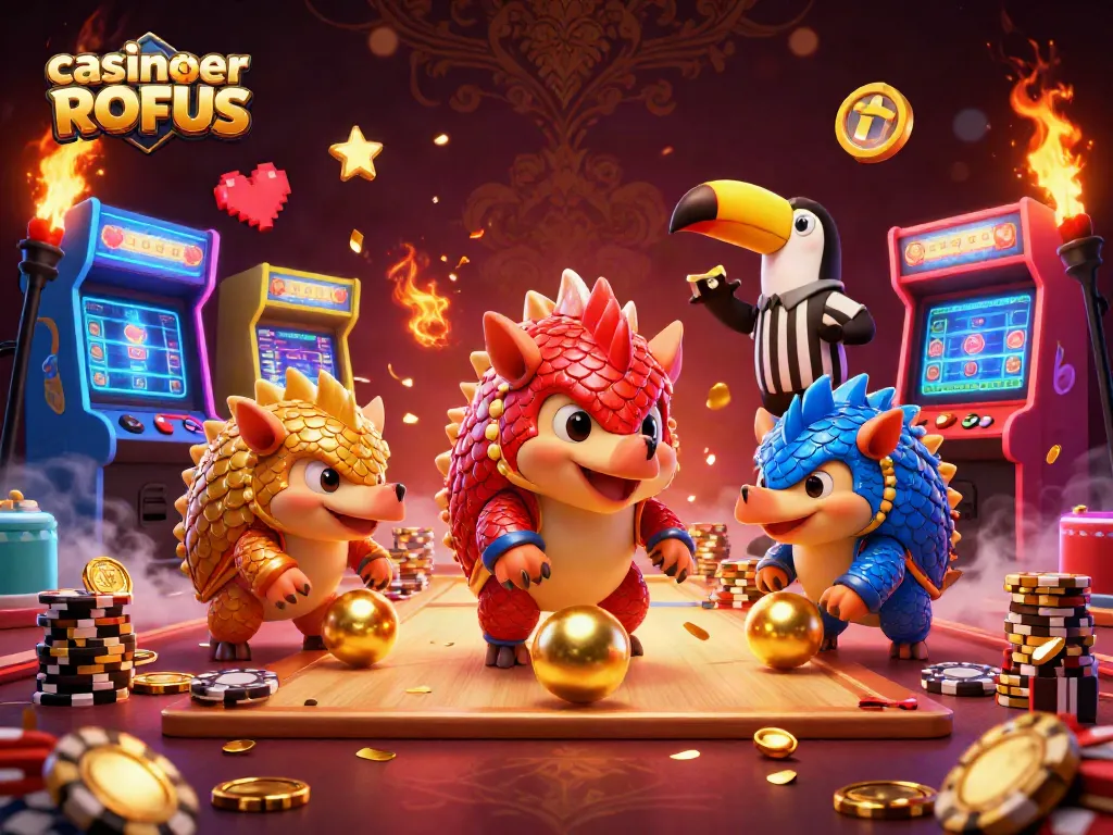 Bet on casinoer uden ROFUS as pangolins roll golden balls through poker chips in vibrant arcade.