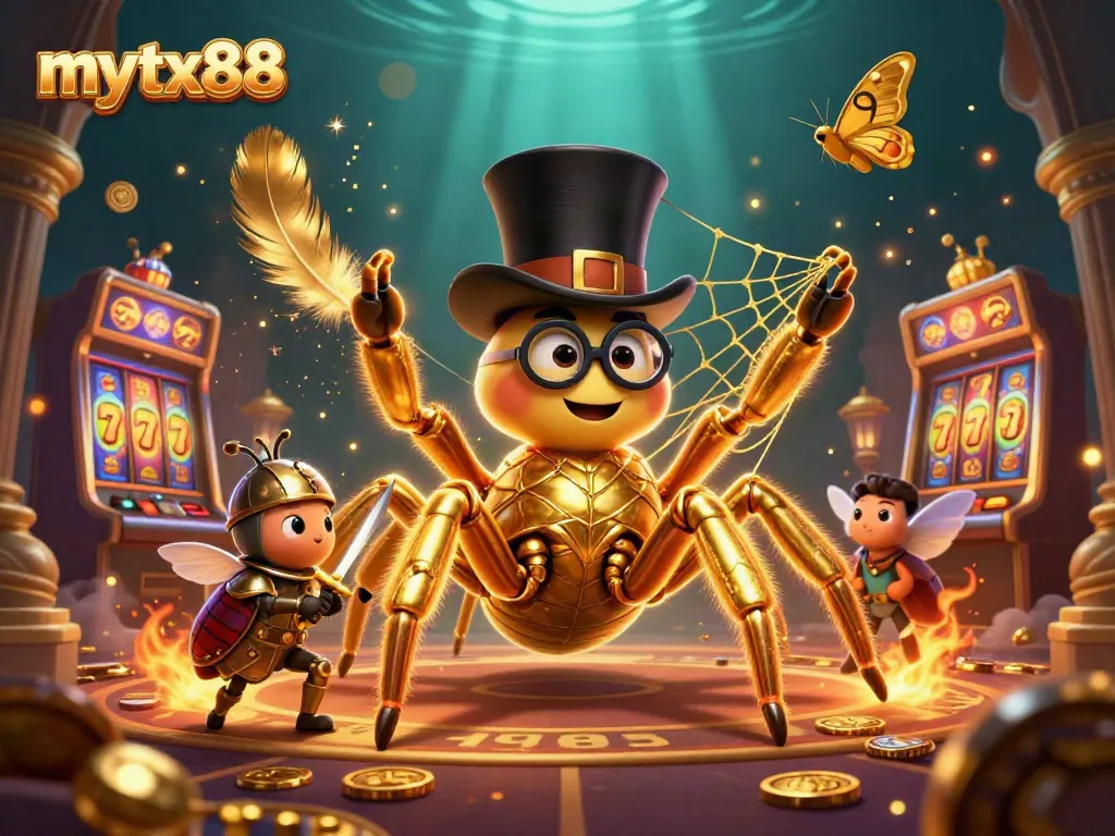 Mytx88 highlights an epic casino showdown featuring a golden tarantula, knight, and slot machines.