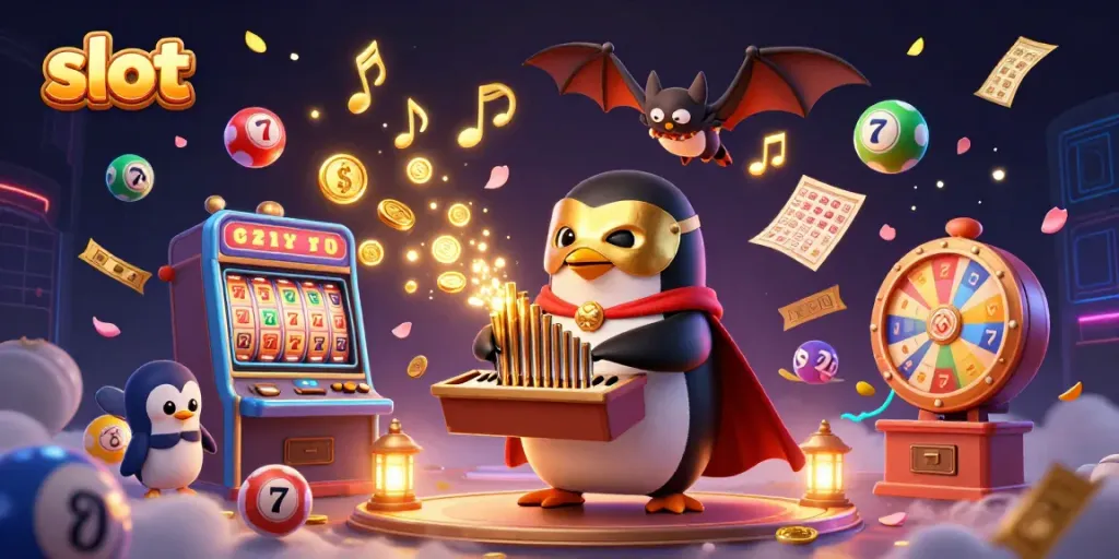 Experience thrilling slot action with a vibrant scene of a gaming penguin amidst golden winnings and arcade symbols