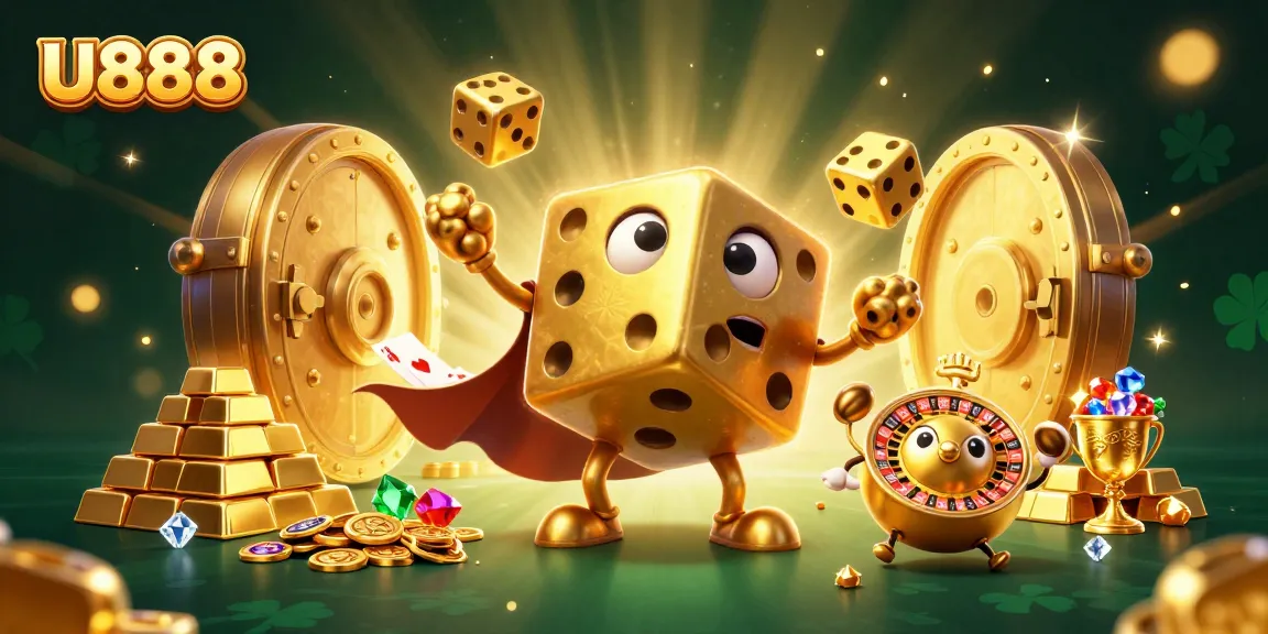 Engage with U888 as golden dice character juggles wealth and luck in an exciting casino scene.
