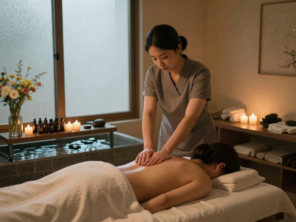 Serene moment showcasing 수원출장안마 with a professional therapist creating a calming spa atmosphere.