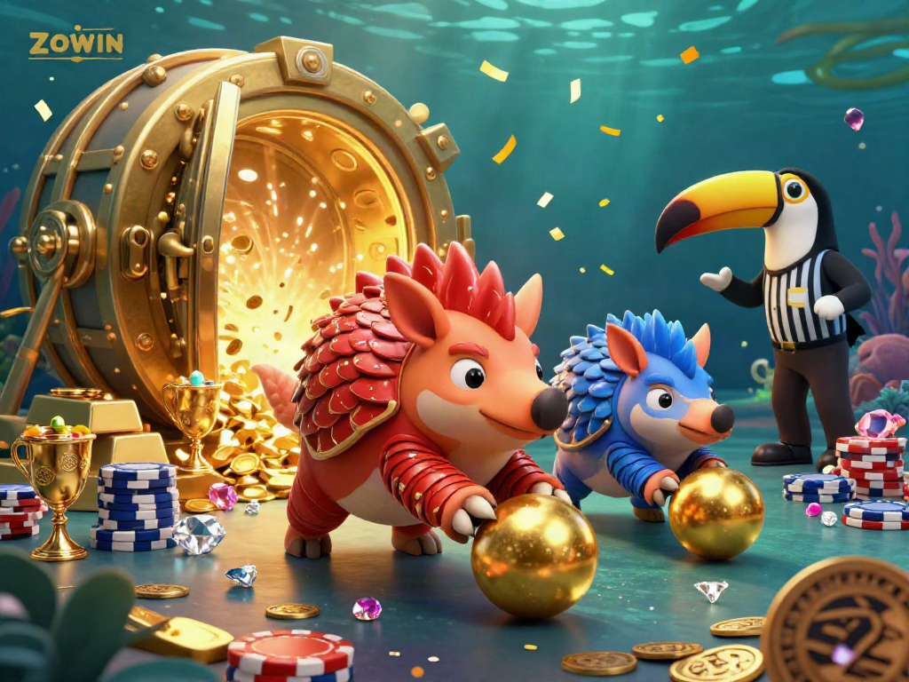ZOWIN pangolins celebrate by bowling through poker chips, surrounded by wealth and casino elements.